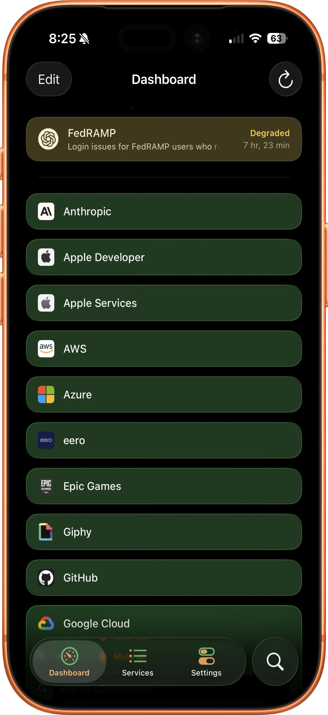 Vultyr dashboard showing All Clear status with services like AWS, GitHub, and Slack monitored