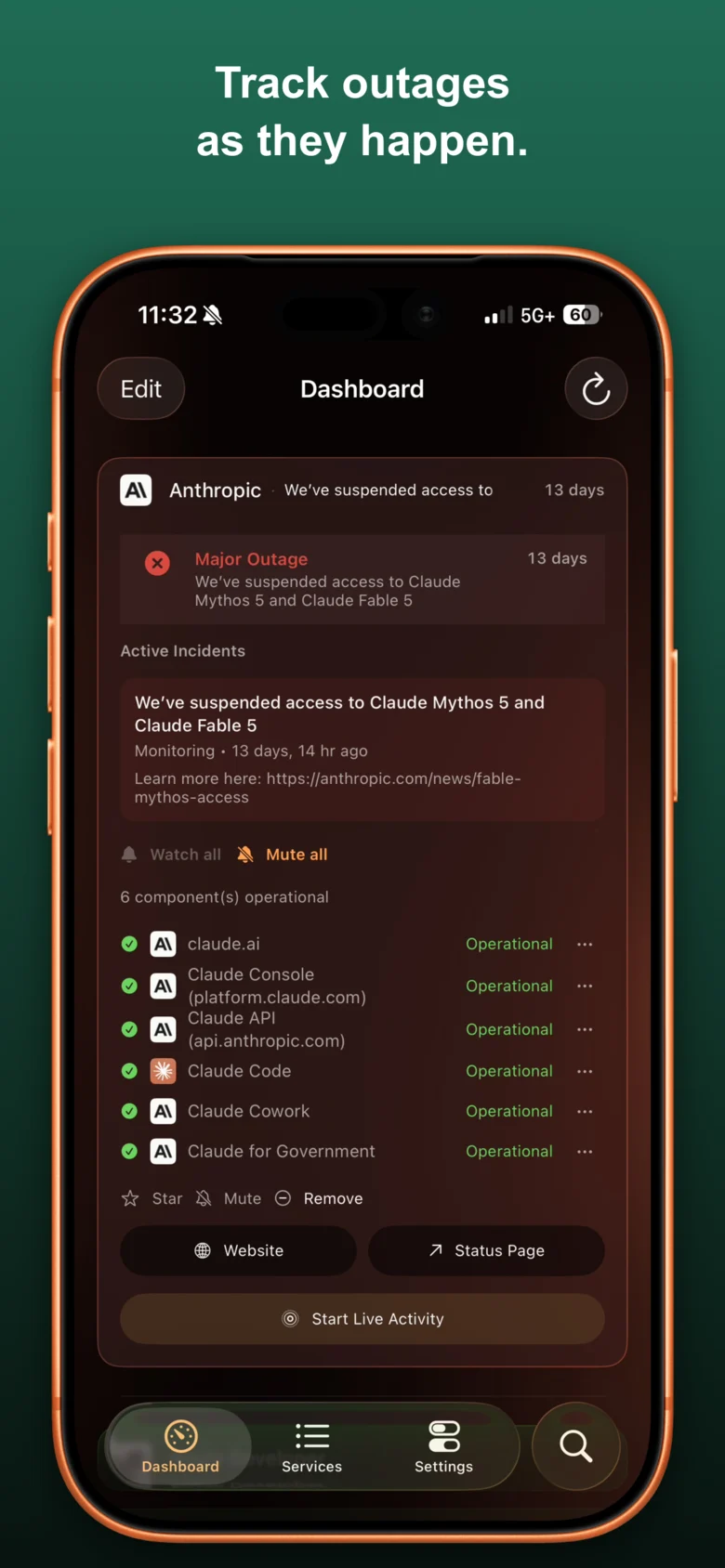 Vultyr showing an expanded service during a major outage, with the active incident, per-component status, and a Live Activity button
