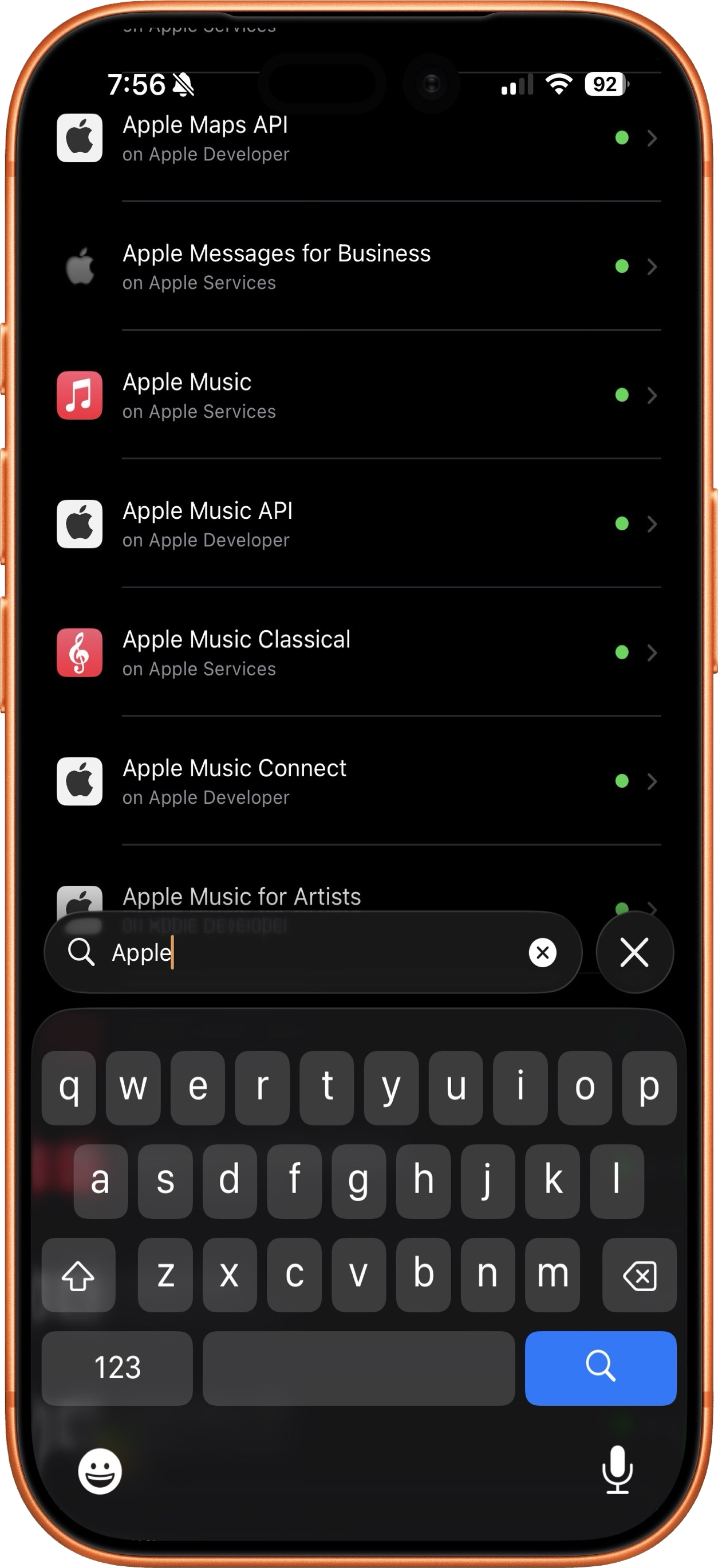 Vultyr search experience showing live results across services and sub-components like Apple Music, Apple Maps API, and Apple Music Classical