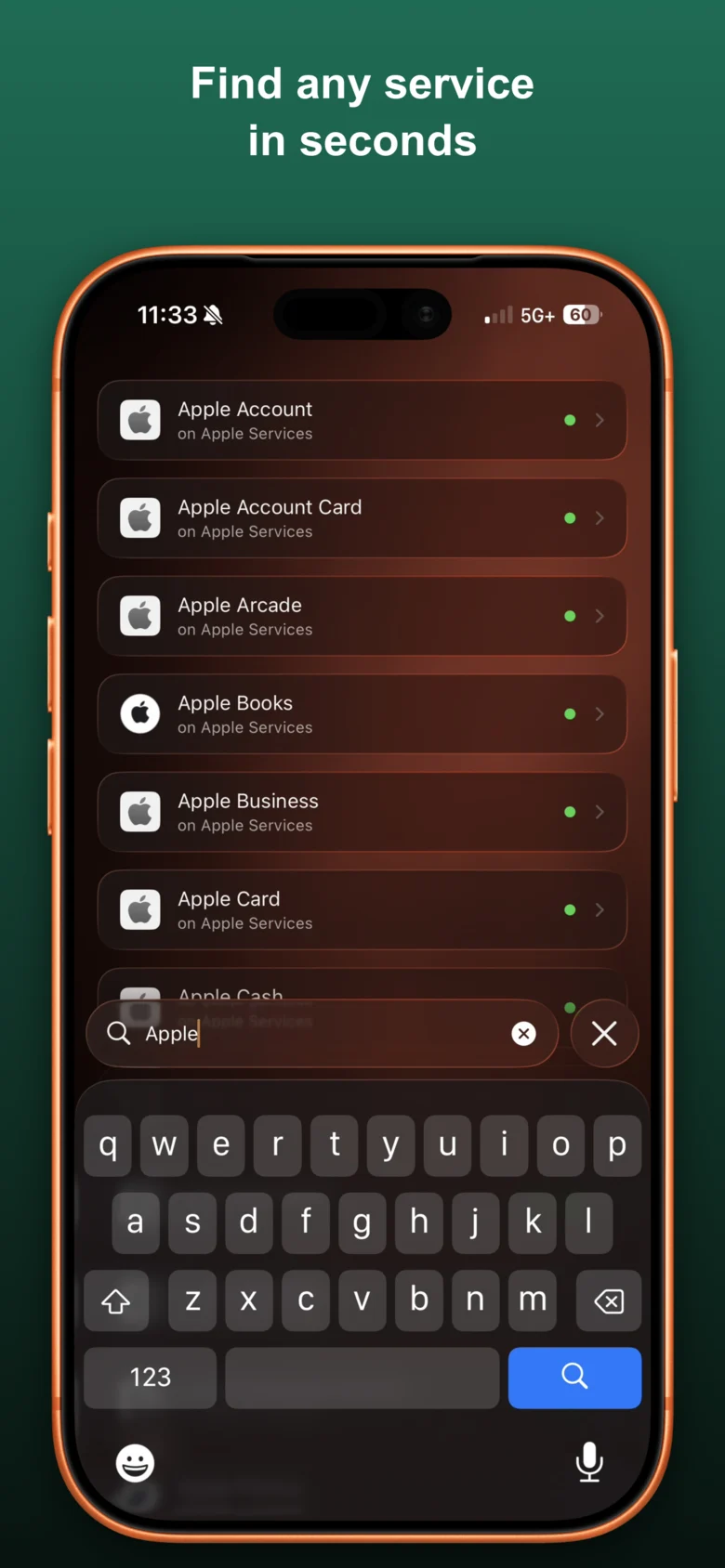 Vultyr search experience showing live results across services and sub-components like Apple Account, Apple Arcade, and Apple Books