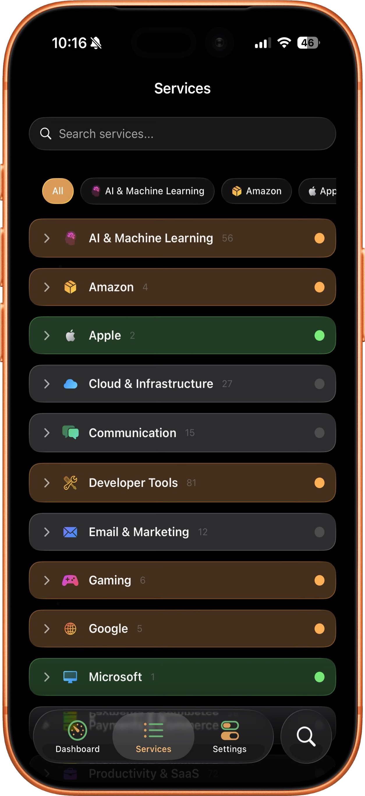 Vultyr service browser showing 15 categories including Cloud, Dev Tools, and AI