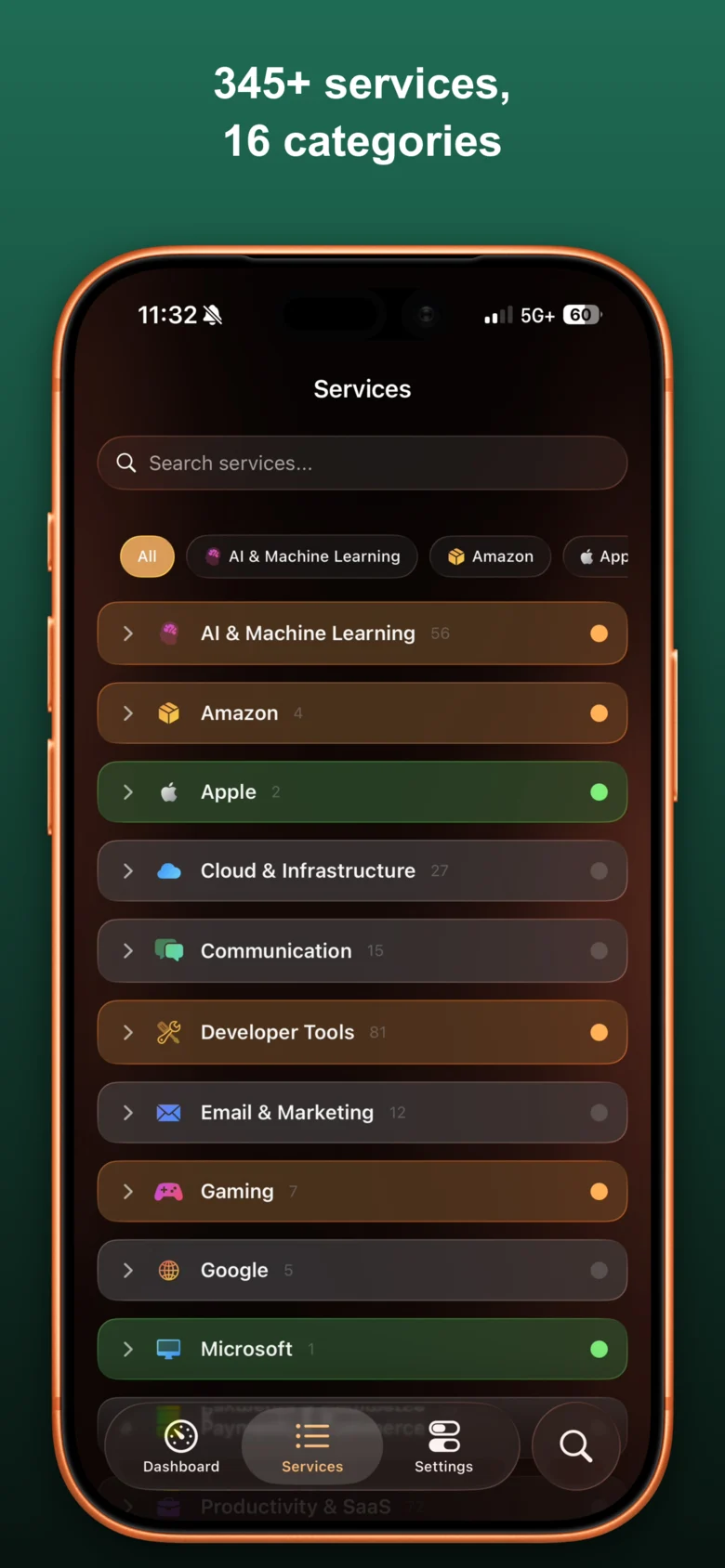 Vultyr service browser showing 15 categories including Cloud, Dev Tools, and AI