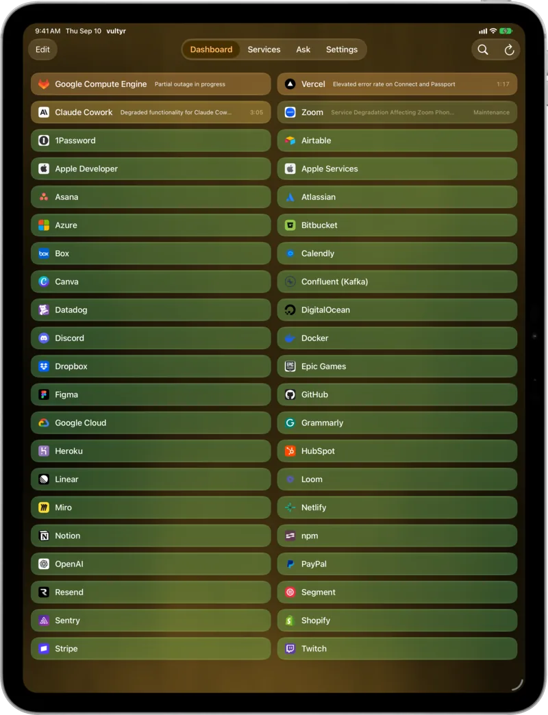 Vultyr dashboard on iPad, with degraded services like Google Compute Engine and Vercel above a two-column grid of operational services