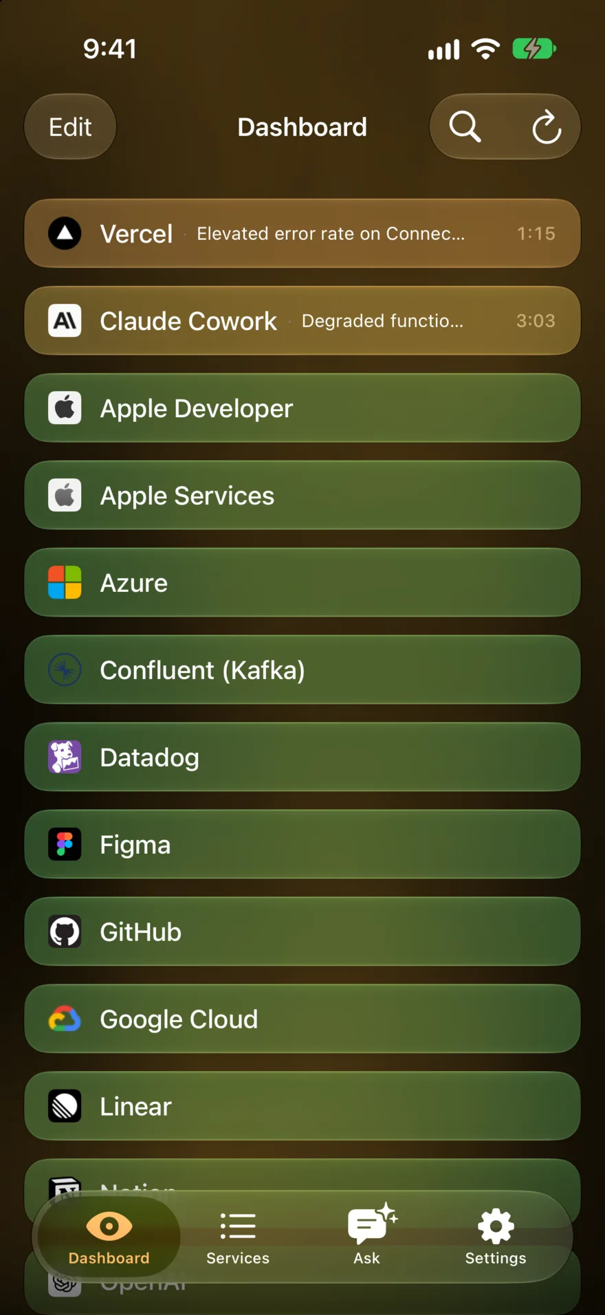 Vultyr dashboard monitoring services like Apple Developer, Azure, and GitHub, with Vercel and Claude Cowork issues at the top