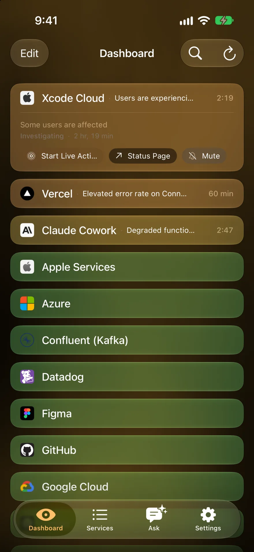Vultyr showing an expanded Xcode Cloud tile during an incident, with Start Live Activity, Status Page, and Mute buttons
