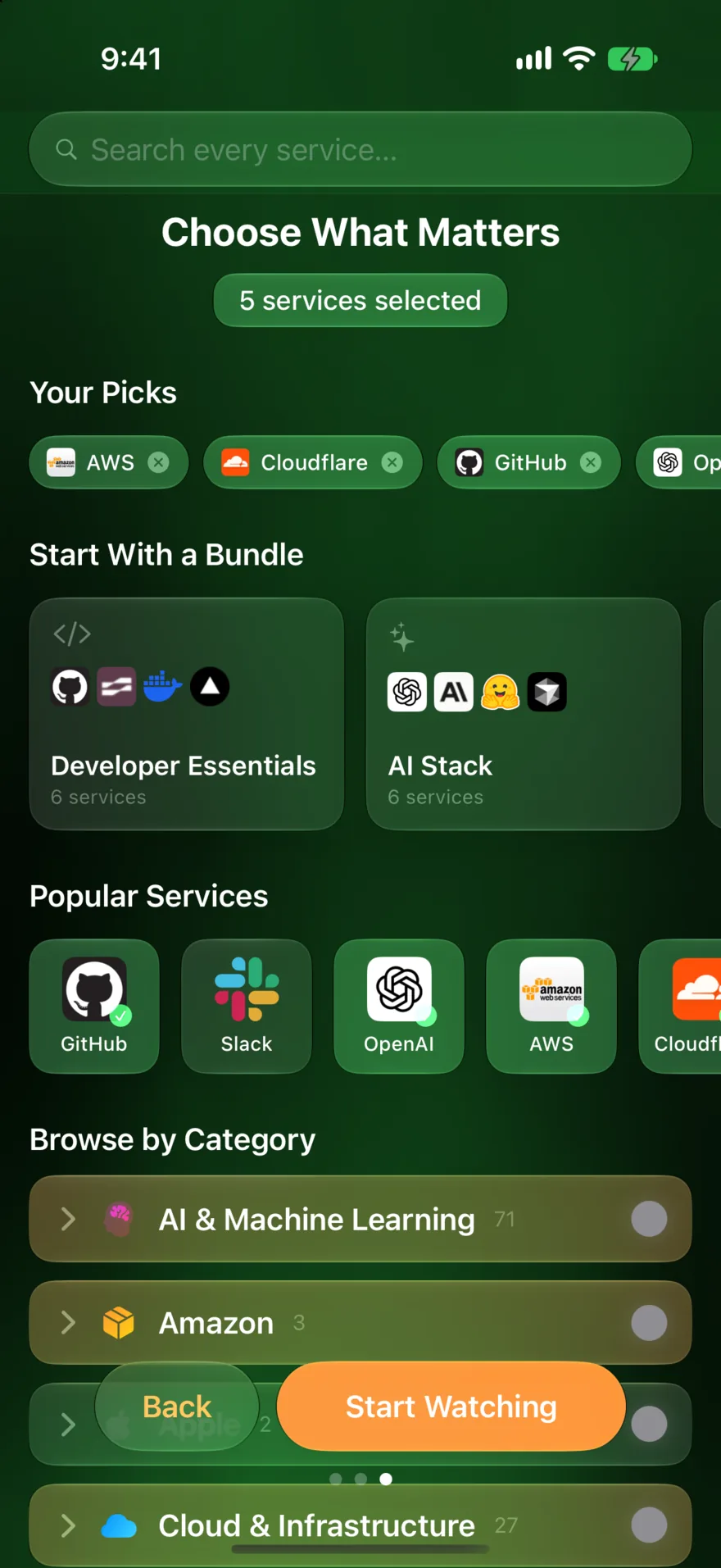 Vultyr setup screen for choosing services to watch, with your picks, starter bundles like Developer Essentials, and popular services