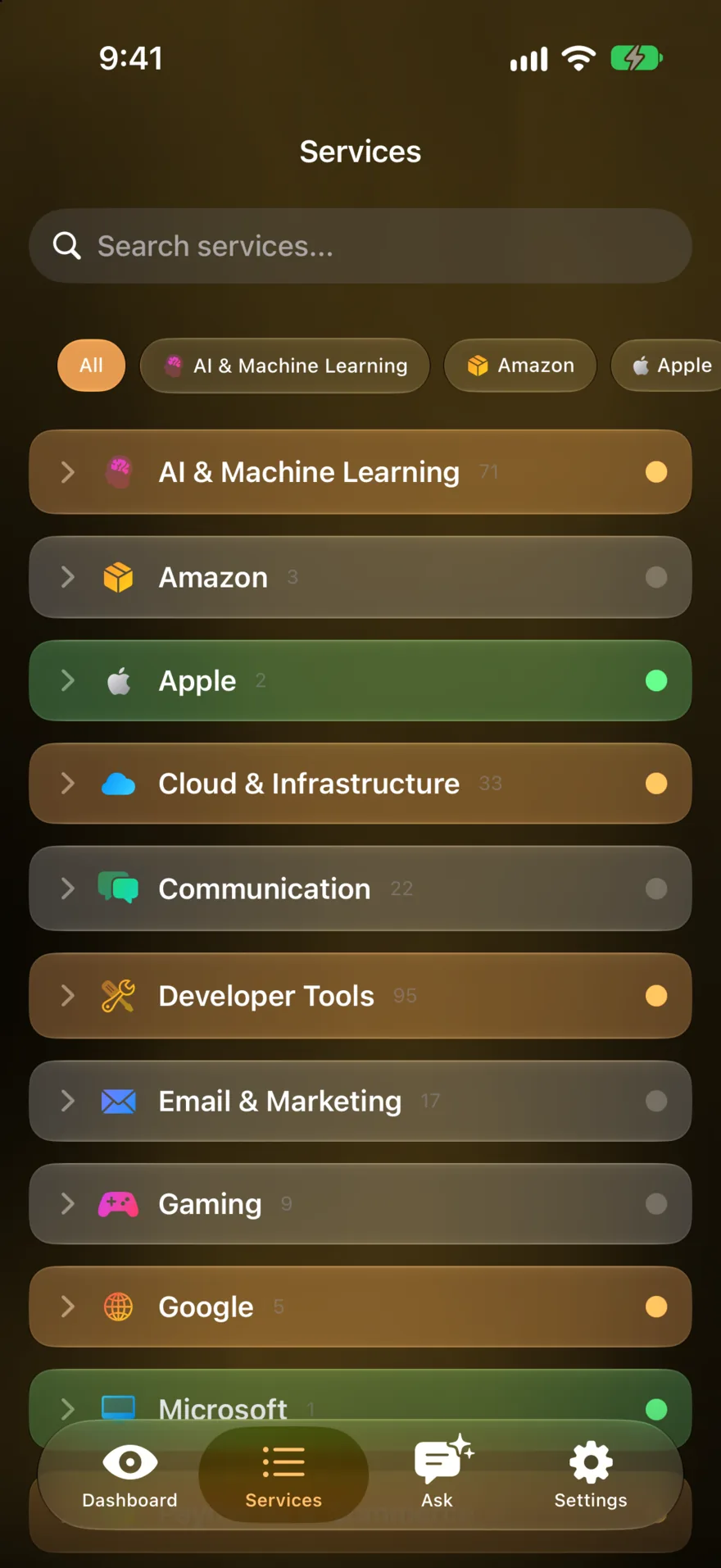 Vultyr service browser showing 15 categories including Cloud, Dev Tools, and AI