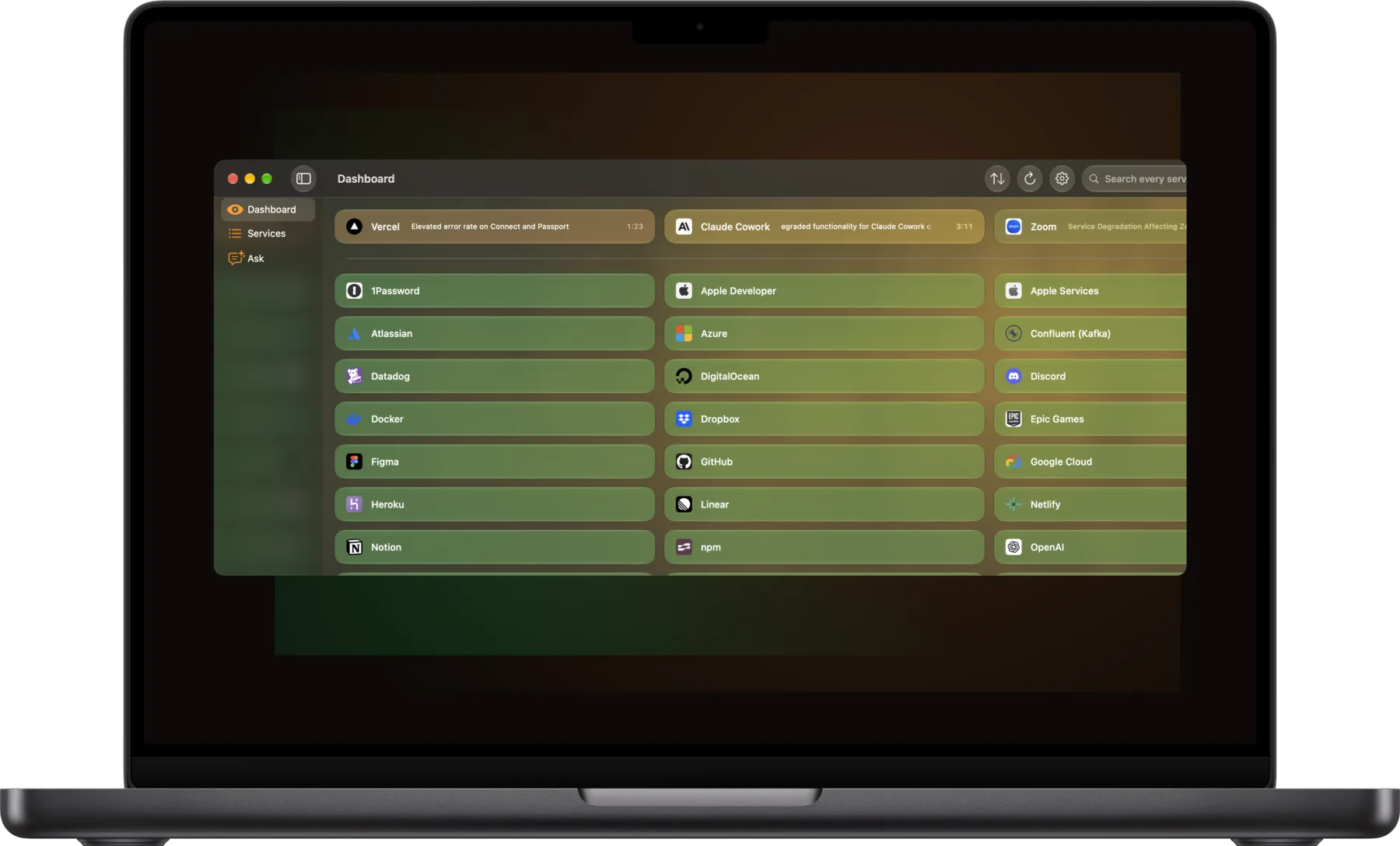 Vultyr window on Mac, with a Dashboard, Services, and Ask sidebar and Vercel, Claude Cowork, and Zoom issues above the service list