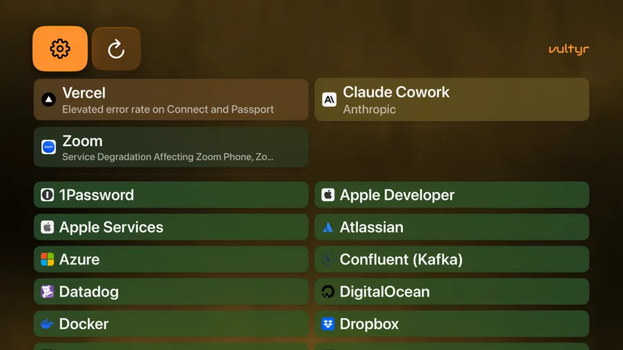 Vultyr dashboard on Apple TV, with Vercel, Claude Cowork, and Zoom issues above operational services