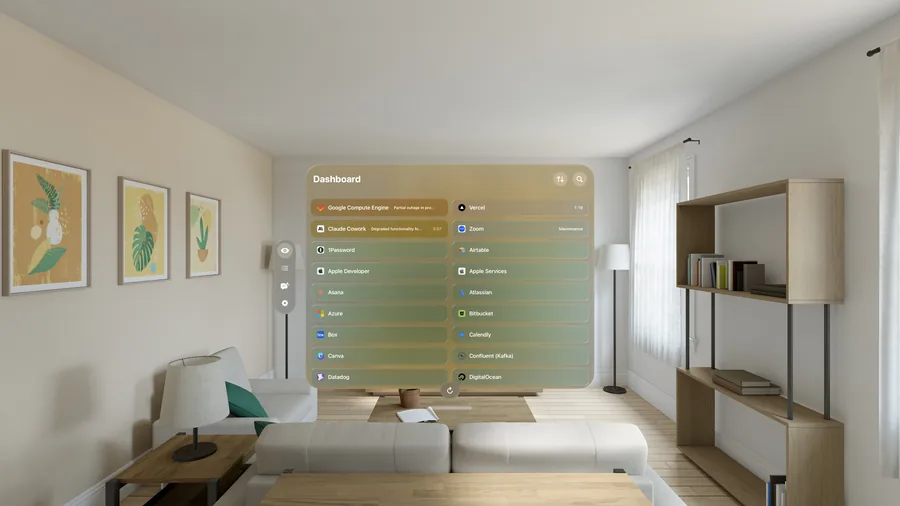 Vultyr dashboard floating as a window in a living room on Apple Vision Pro