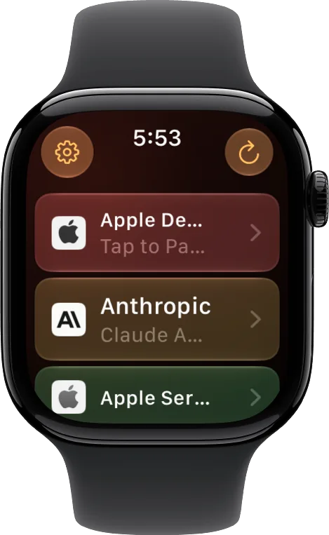 Vultyr dashboard on Apple Watch, with Apple Developer and Anthropic issue tiles at the top